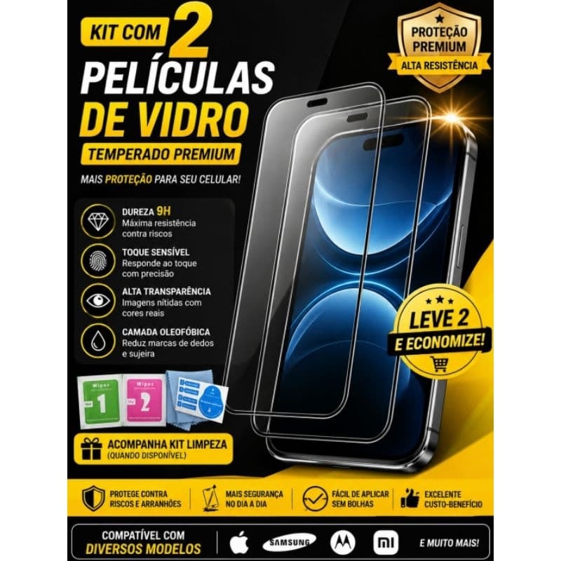 Kit 3 Películas de Vidro 9D para Celular Proteção Premium Diversos Modelos.