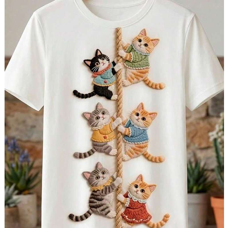Tshirt Feminina Estampada Gatos  - Camisa Streetwear Unissex 100% Algodão em DTF Outono - Inverno