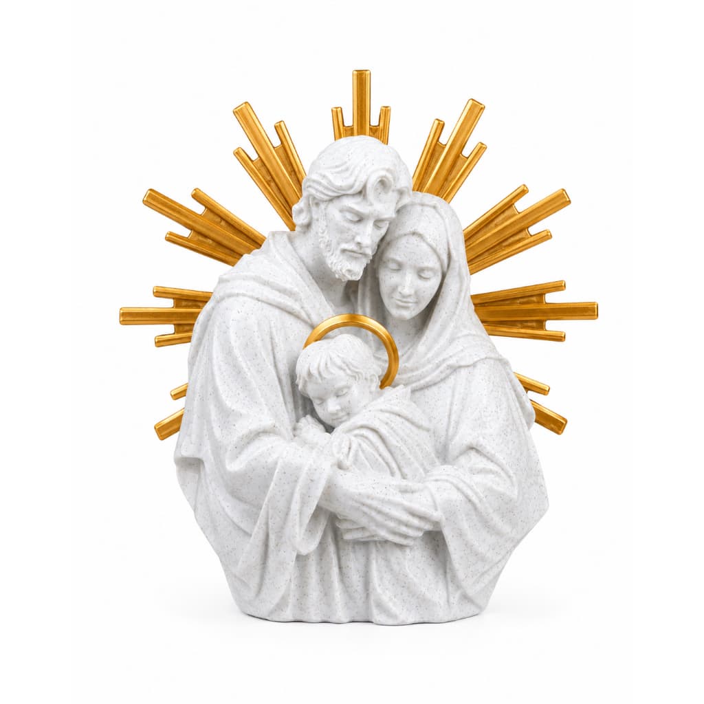 Imagem Sagrada Família Decorativa Branca com Raios Dourados, Escultura Religiosa para Sala, Lar e Capela!