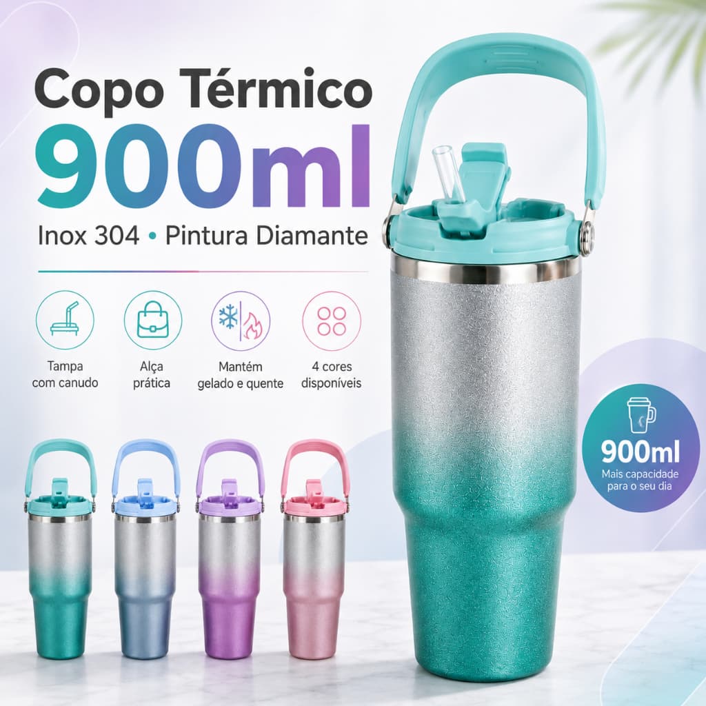 Copo Térmico 900ml em Aço Inox 304 com Pintura Diamante, Tampa e Alça para Bebidas Quentes e Geladas