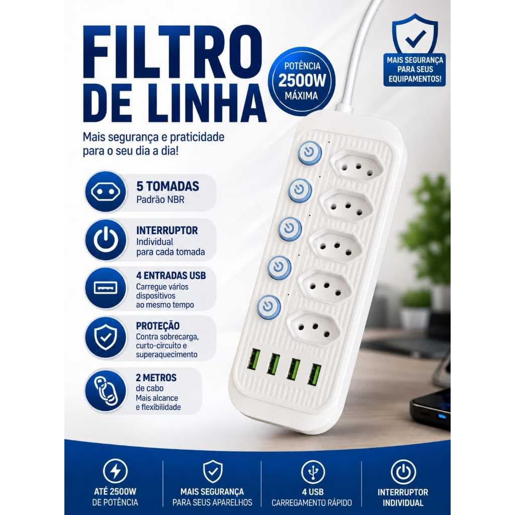 Filtro de linha, Régua, Extensão Elétrica 2M com 5 Tomadas Botão Liga e Desliga pra cada tomada, 110V/220V Bivolt