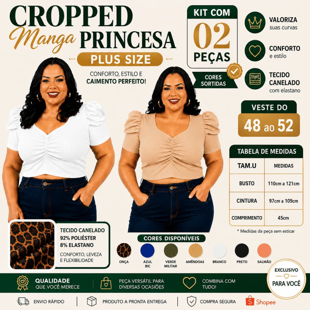 Kit 2 Cropped Manga Princesa Blusinha Tendencia Verão Super Confortável