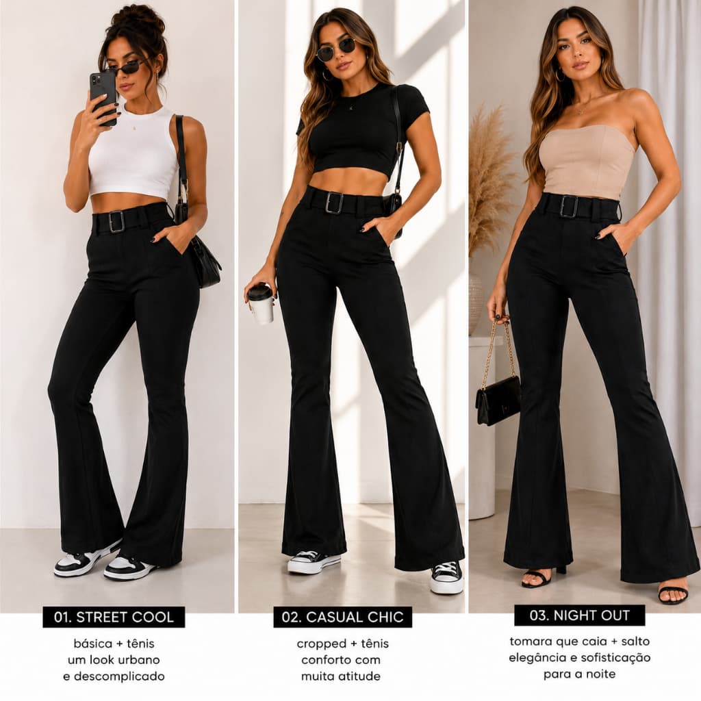 Calça Flare Cintura Alta em Crepe com Cinto Elegante Moderna e Confortável Moda Gringa Look Estiloso