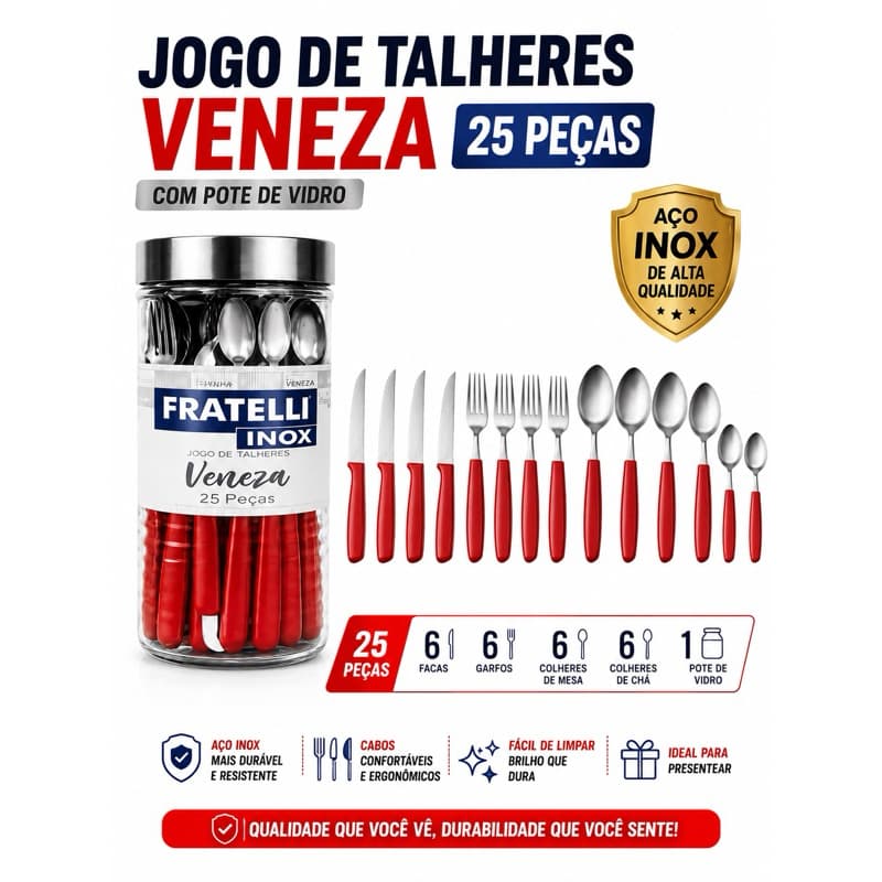 CONJUNTO JOGO DE TALHARES INOX 25 I 26 I 12 PEÇAS Veneza Com Pote De Vidro - VERMELHA
