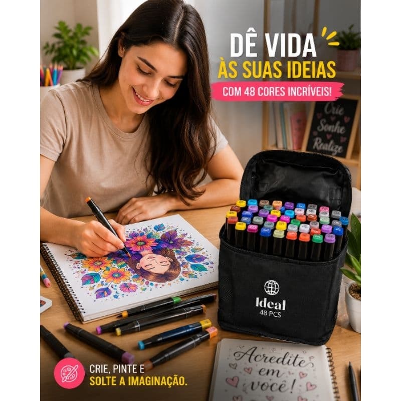 Estojo de Canetas Colorir Hidrográficas 48 Cores Coloris Pro™ – Alta Pigmentação Profissional