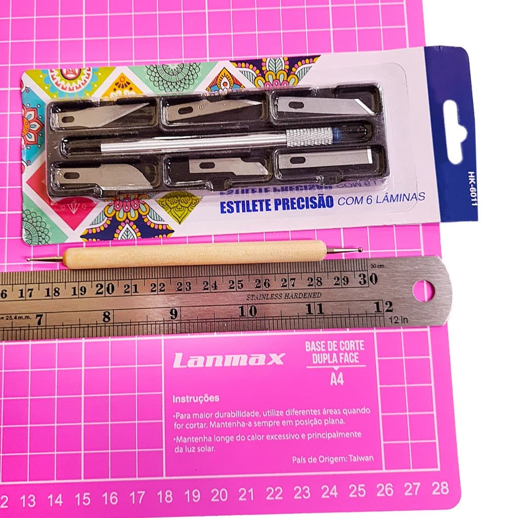 Kit Base Corte A4 30x22 - Régua Aço 30CM - Bisturi Com 6 Lâminas Extras + Boleador Para Vincar Papel E Papelão