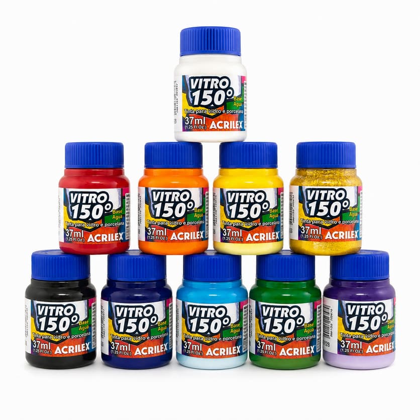 Kit 10 Cores Tintas Vitro 150 Brilhante para Vidro Porcelana Ceramica 37ml Artesanato Base Agua Forno
