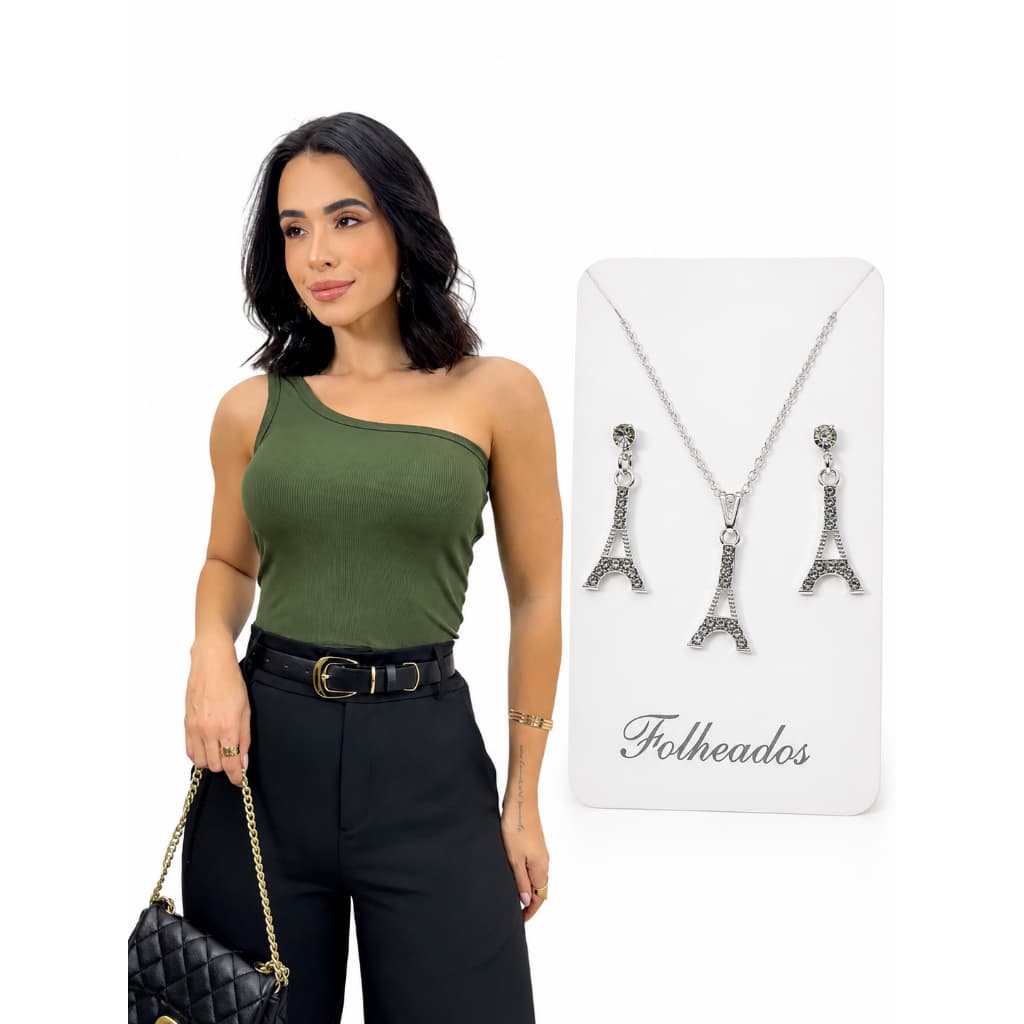 Cropped Feminino Ombro Único Canelado + Kit Colar e Brinco Torre Eiffel | Blusa Moda Feminina Casual Elegante