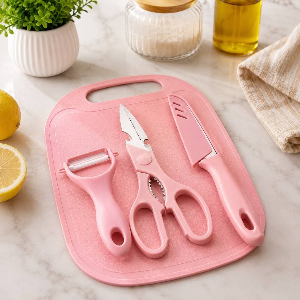 Kit Utensílios Cozinha 4 Peças Faca Tesoura Descascador Tábua Corte Aço Inox Sortido