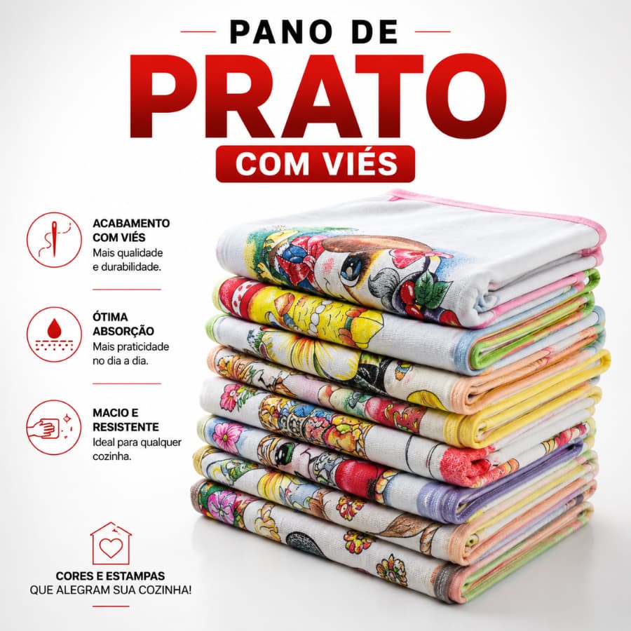 Kit 10 Pano De Prato com Vies Estampado 100% Algodão