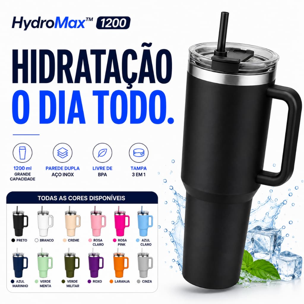Copo Térmico Inox 1,2L com Alça e Canudo, Tampa Vedada Antivazamento, Base Compatível com Porta-Copos, Aço Inox