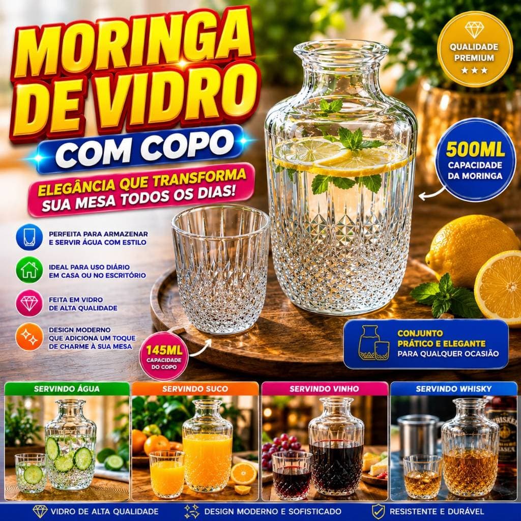 Jarra Moringa de Vidro 500ml com Copo Tampa 145ml Sky Portátil