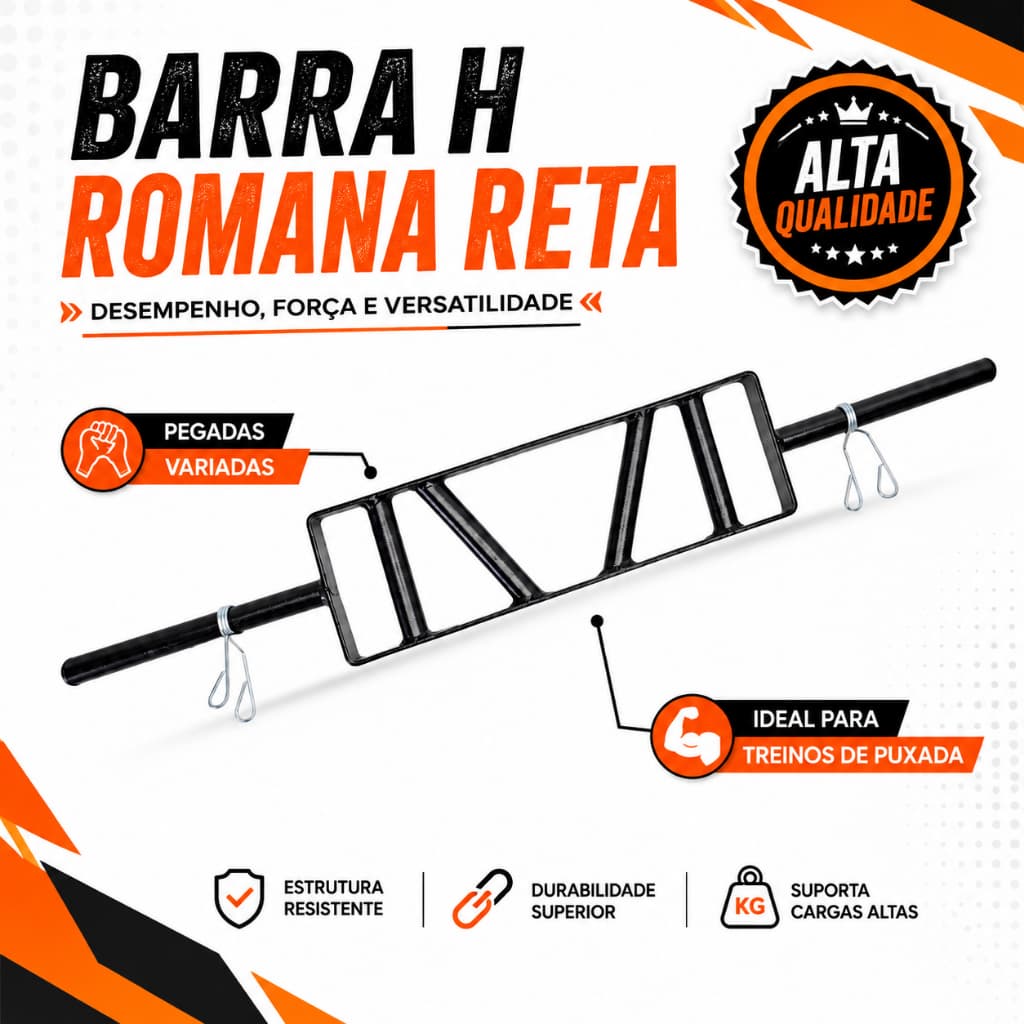 Barra Reta Romana H Profissional Com Presilhas Academia Musculação Suiça Pegada Fechada Neutra