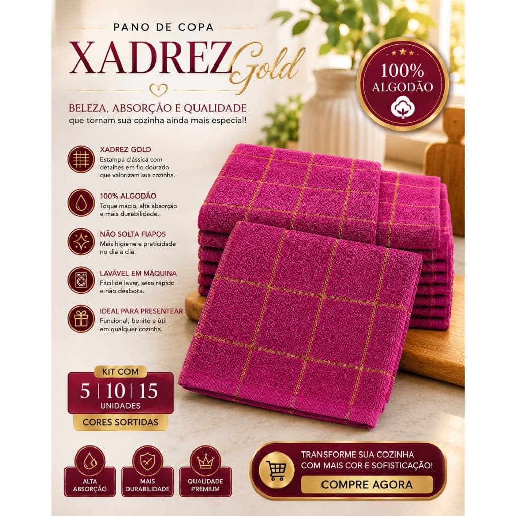 Toalha de Louça Pano de Prato Xadrez Gold 100% Algodão Atoalhado Alta Absorção Secar Louça Cozinha
