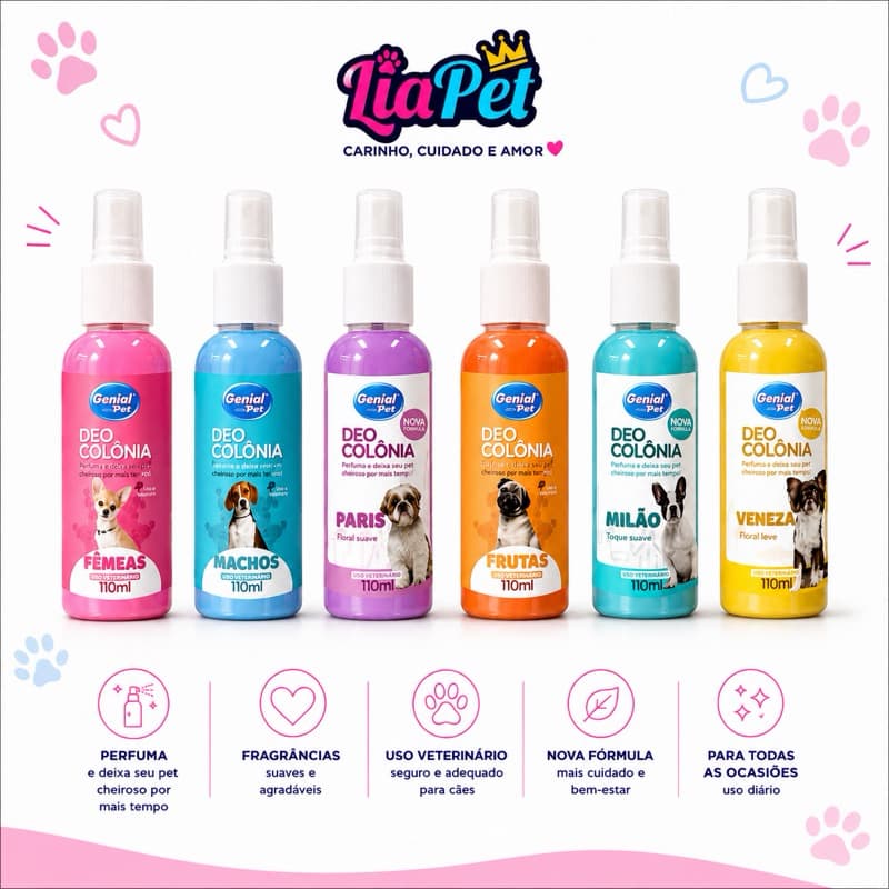 Deo Colônia Genial Pet 110ml para Cães e Gatos | Perfume Pet | Fragrâncias Sortidas | Uso Veterinário