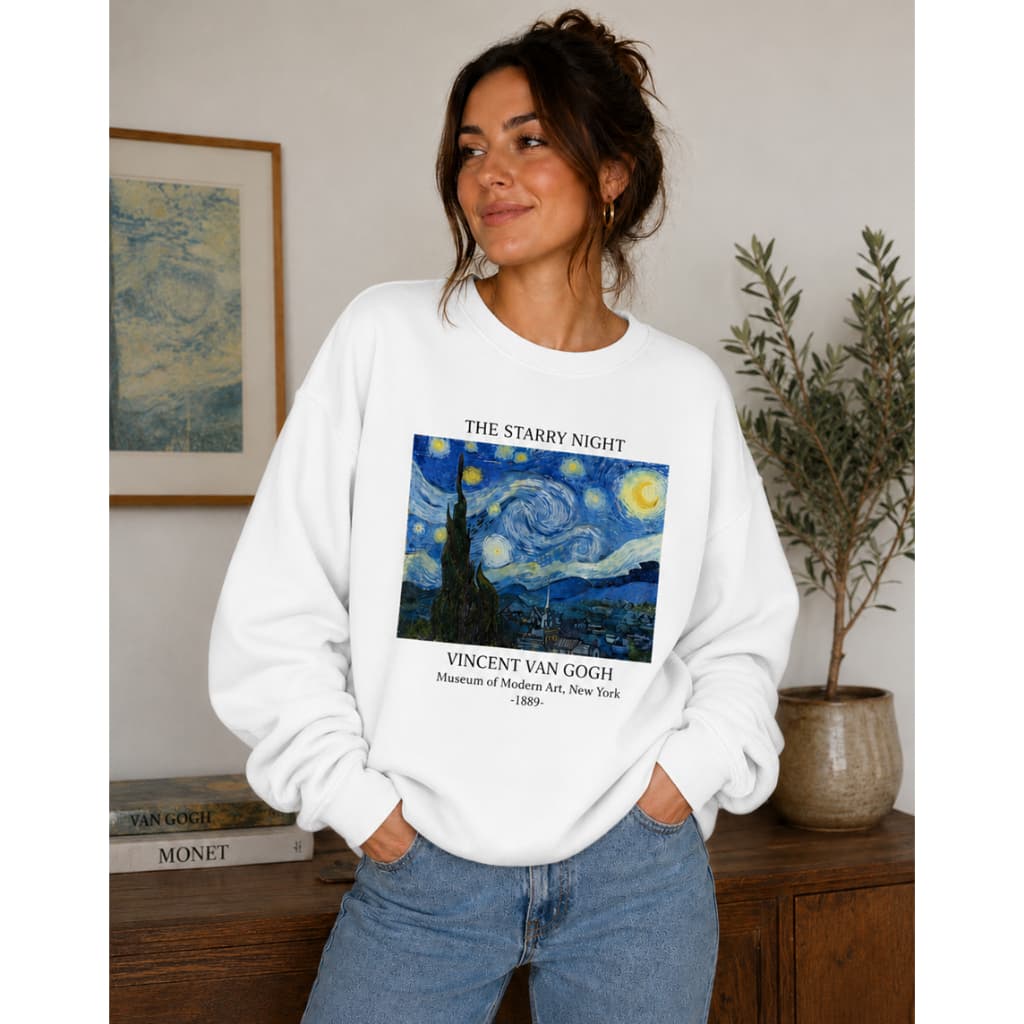 Moletom Van Gohg Noite Estrelada Gola Redonda Blusa De Frio  Em Algodão