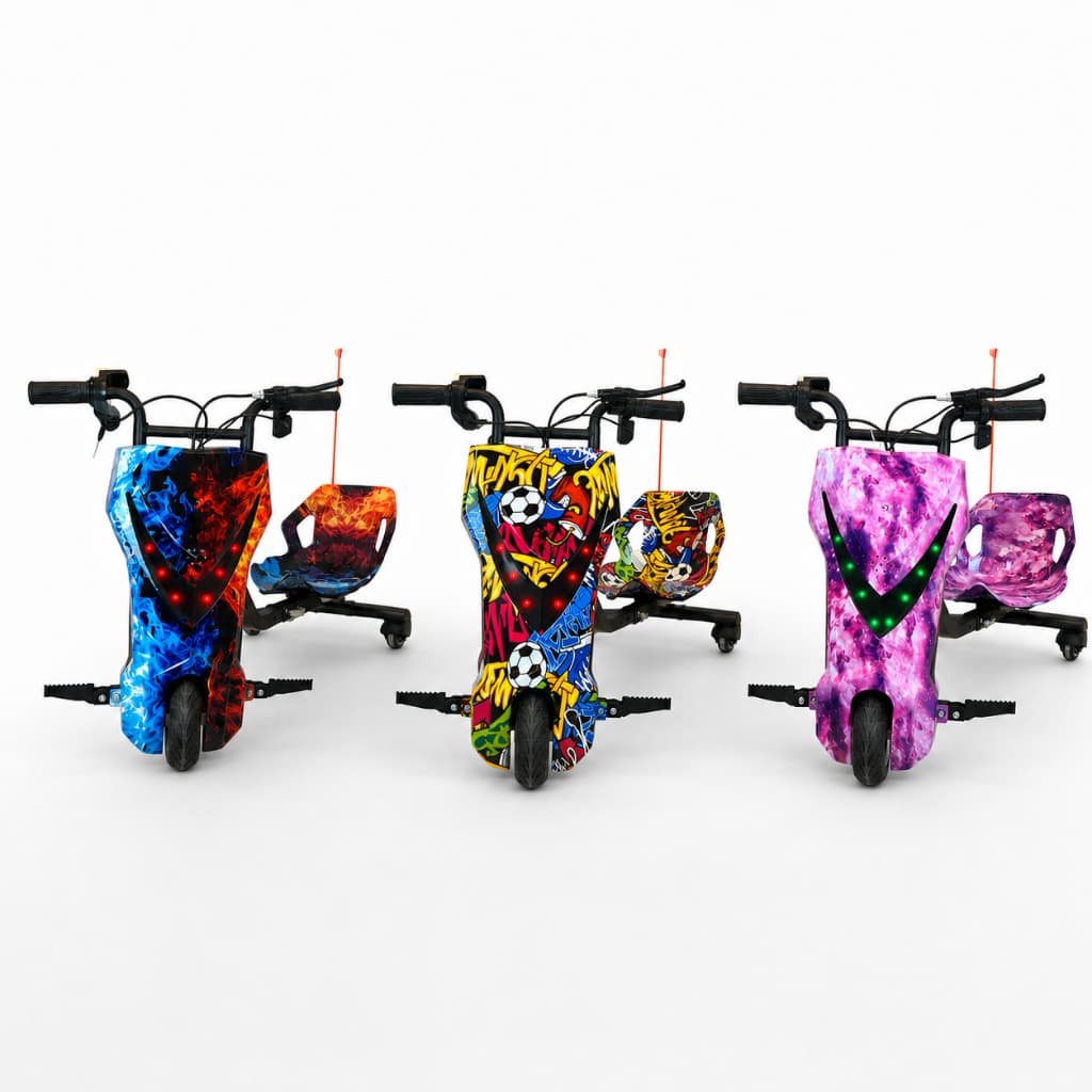 Triciclo Drift Elétrico Infantil 250W 36V Gira 360 Mini Moto 25km Suporta Até 100kg LED Bluetooth Kit Proteção