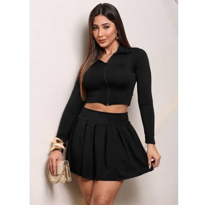 Conjunto feminino saia short Mais Cropp manga longa sem bojo Moda Gringa