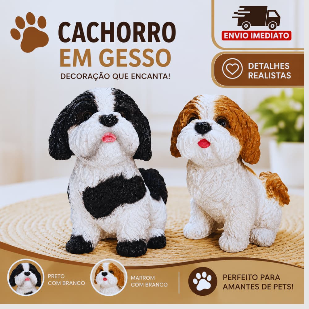 Cachorro Shih Tzu Realista em Gesso – Preto/Branco ou Marrom/Branco decoração