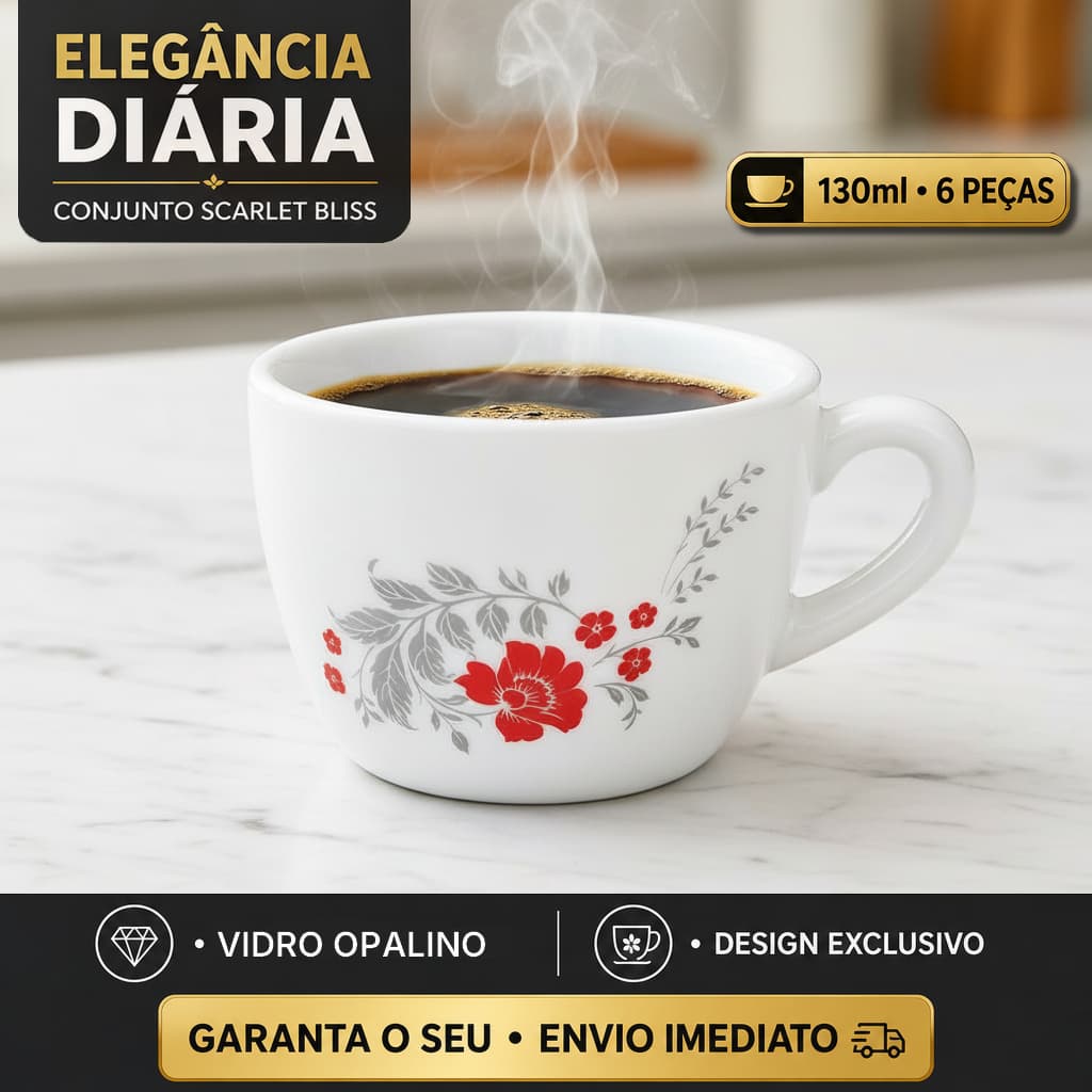 Conjunto 6 Xicaras Café Chá 130ml Branca Com Estampas Elegante Vidro Opalino Super Resistente