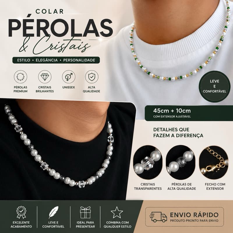 Colar Masculino de Pérolas e Cristais Unissex Ajustável 45cm Fashion Premium