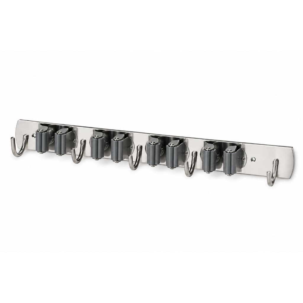 Suporte Porta Vassouras em Aço Inox 4 Presilhas 5 Ganchos Organizador de Parede para Lavanderia e Cozinha