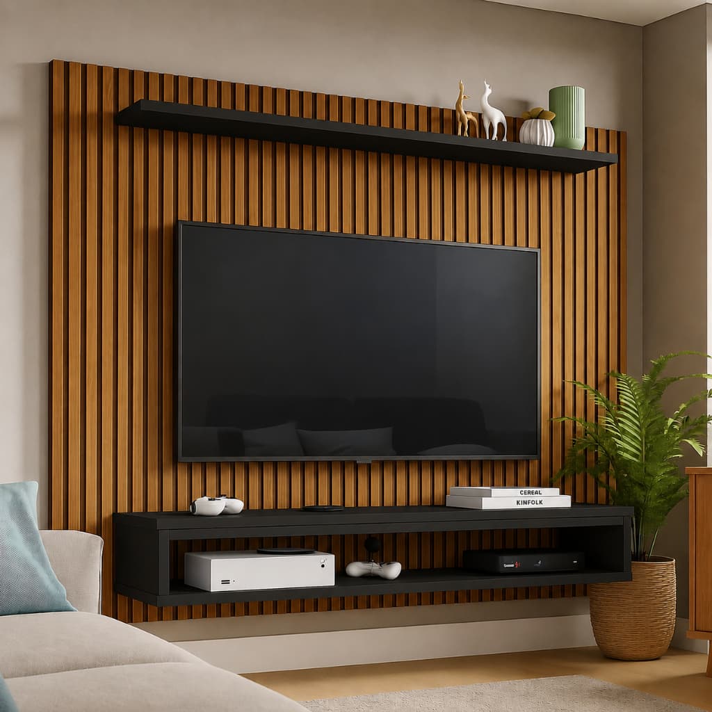 QUEIMA DE ESTOQUE! Painel 3D Ripado para TVs de 43 até 60 Polegadas com Nicho e Prateleira com Suporte Integrado