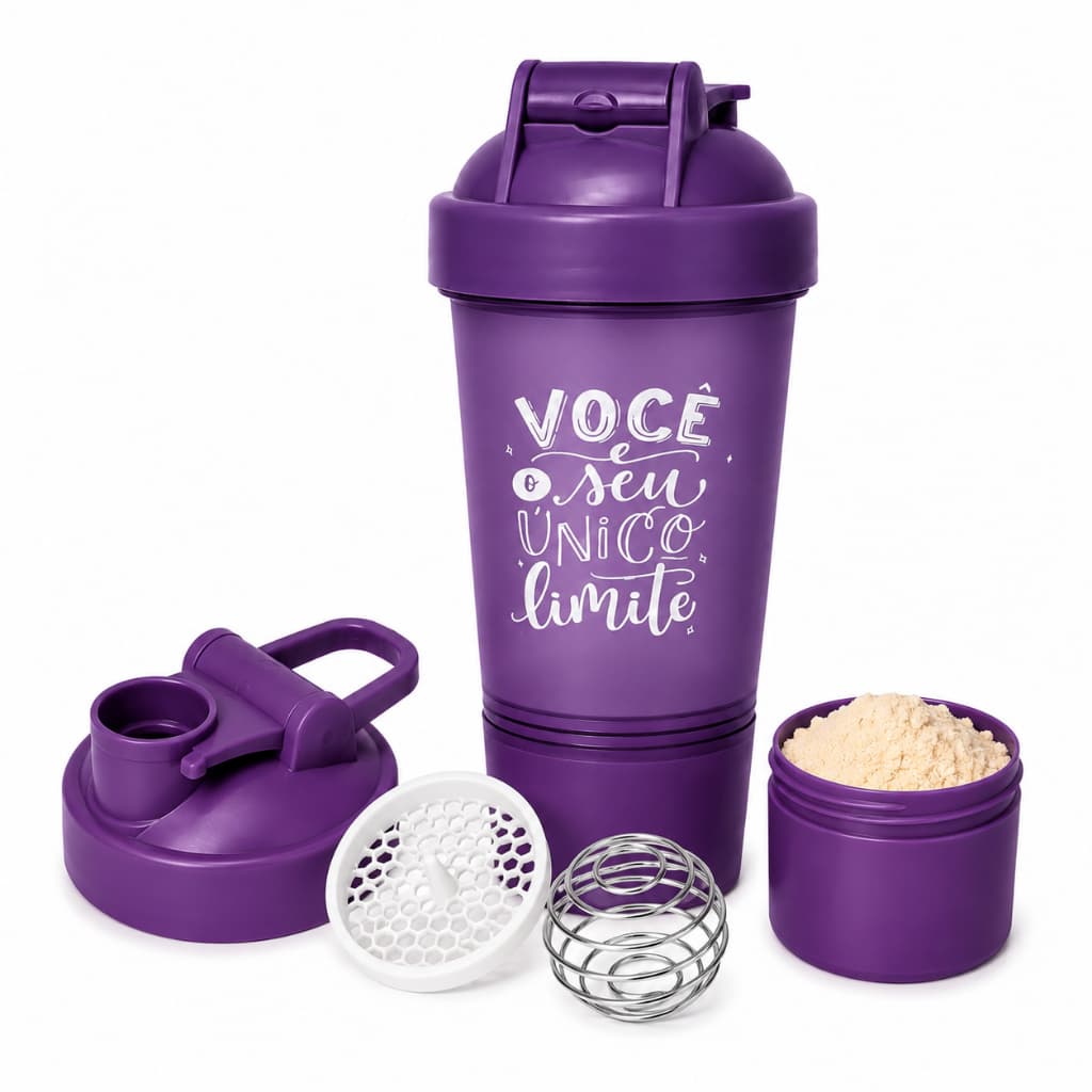 Coqueteleira Roxa Academia 600ml Shaker Fitness Porta Suplemento Compartimento Antivazamento