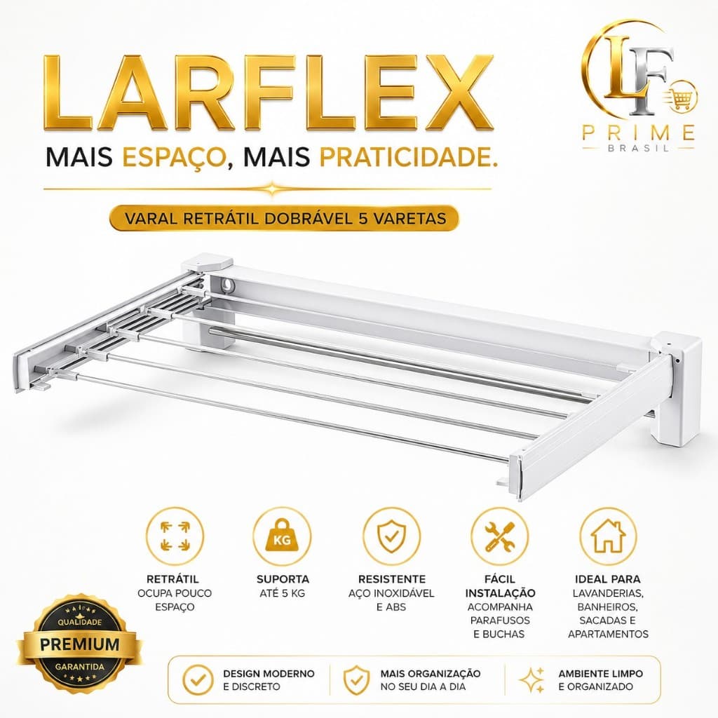 Varal Retrátil Dobrável 5 Varetas Branco Compacto Econômico Resistente Secagem Roupas Mais Espaço e Particidade