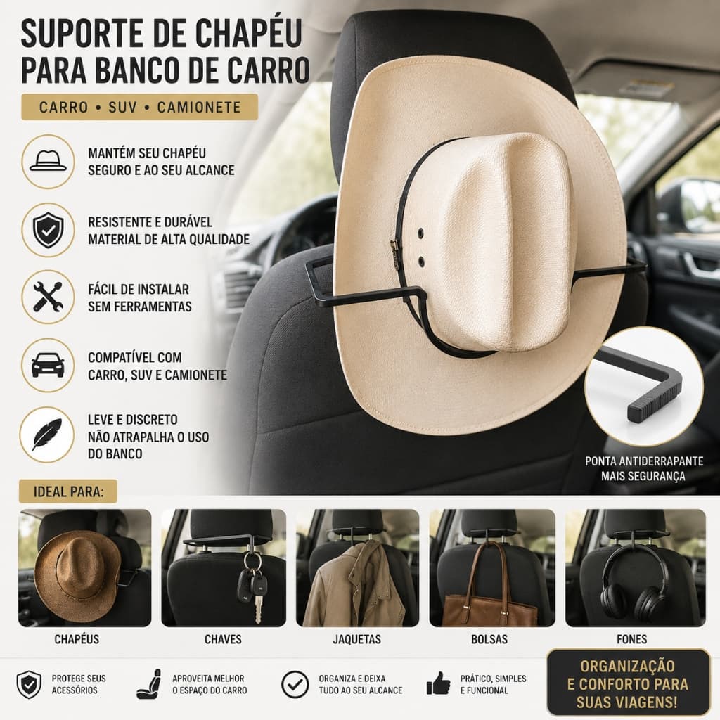 Suporte Veicular para Chapéu Cowboy de Banco de Carro Organizador para Carro SUV Caminhonete