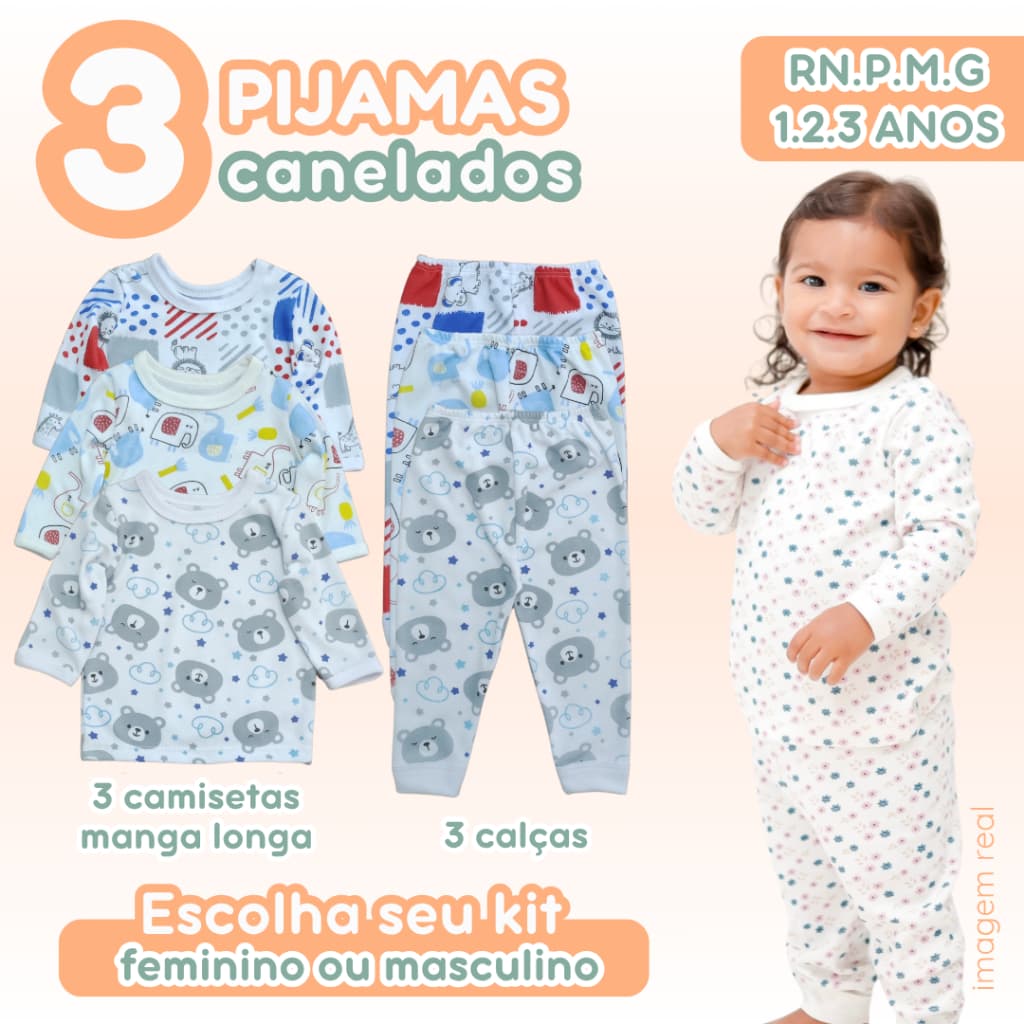 Kit 3 Conjuntos Pijamas Bebê Canelado Estampado Camiseta e Calça Feminino Masculino RN.P.M.G 1.2.3 anos Zuraffa Baby