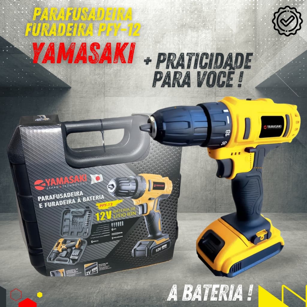 Parafusadeira Furadeira a Bateria sem Fio 12V Yamasaki Completa Acessórios