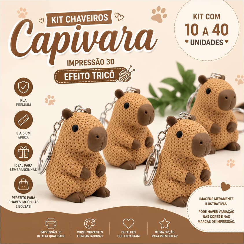 Kit Chaveiro Capivara Efeito Tricô Impressão 3D de 3 a 5cm | Lembrancinhas | Decoração | Colecionável