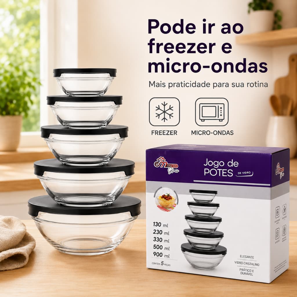 Jogo 5 Potes de Vidro com Tampa Preta 130ml a 900ml para Freezer e Micro-ondas