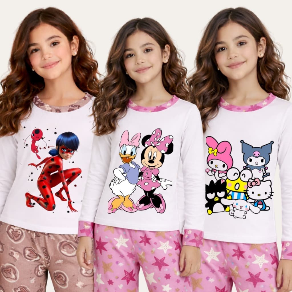 Kit 3 Conjunto de Frio Infantil Pijama Longo com Estampa de Personagens