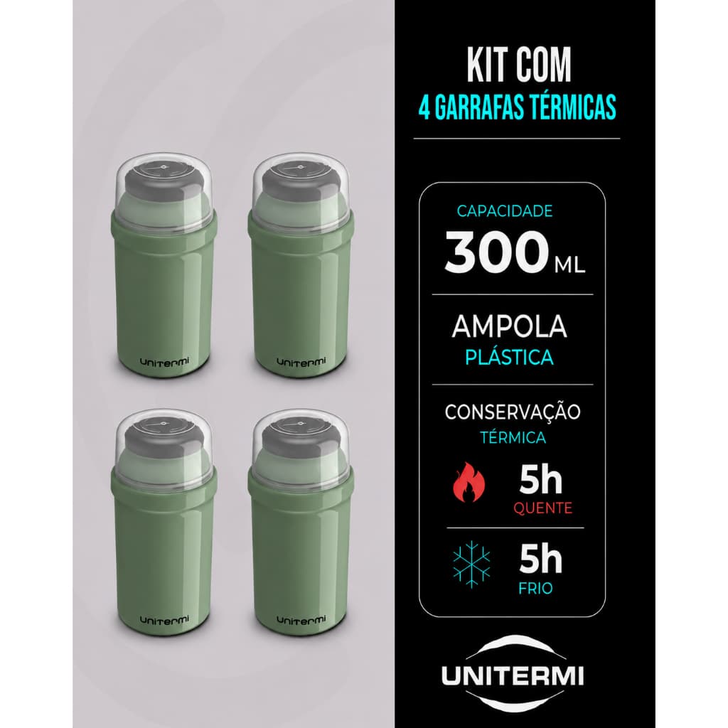 Kit 4 Garrafas Térmicas Infantis Para Escola 300ml Unitermi Fano Ampola Plástica Sem Vidro Resistente