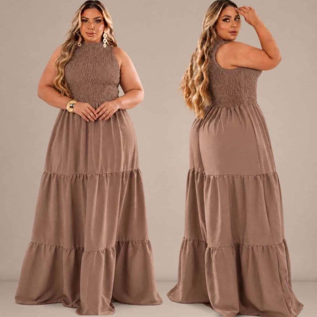Vestido Longo Plus Size Femenino Cavado Gola. Alta Lastex Dunas Evasê Moda Evangelica Casual Elegante verão casual preto
