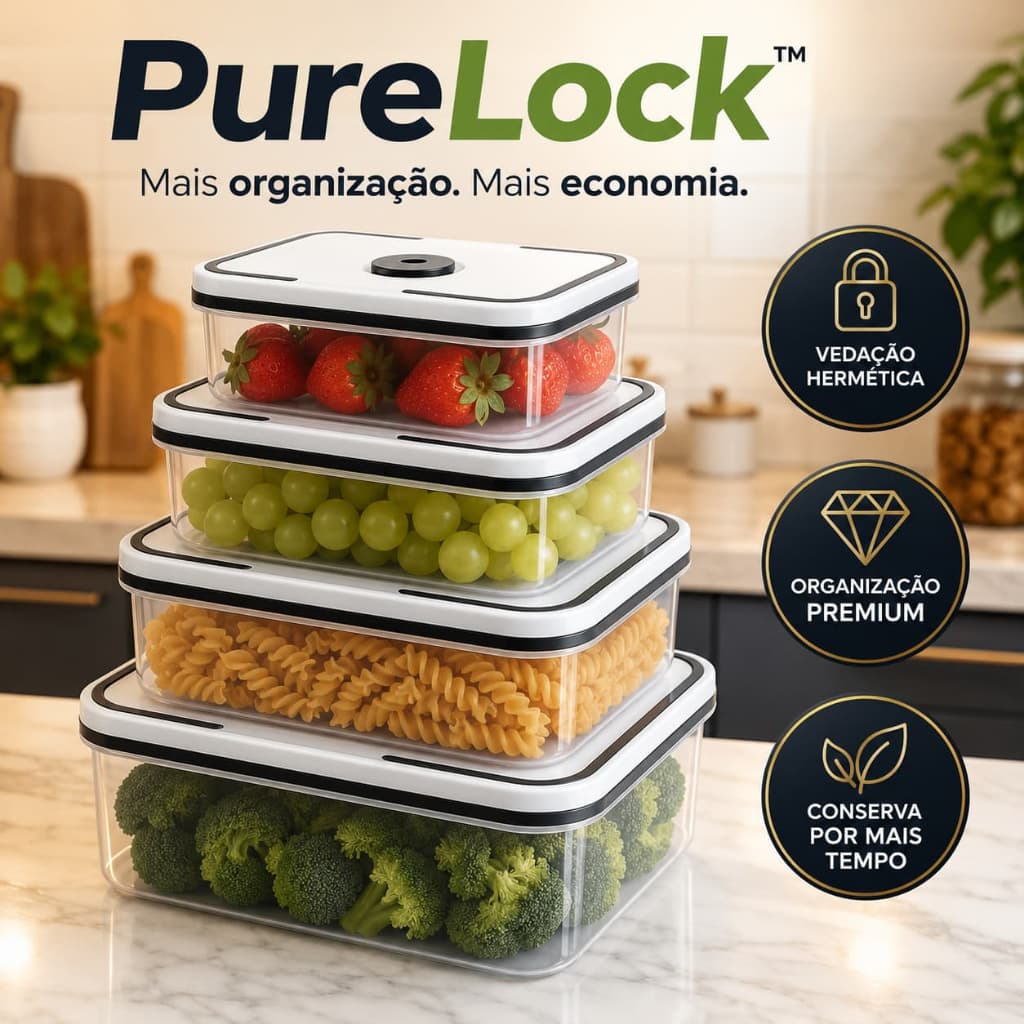 Kit 4 Potes Herméticos Quadrados com Tampa de Vedação PureLock™ Organizador para Alimentos e Geladeira