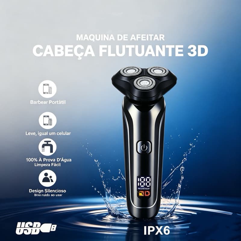 Barbeador elétrico masculino 3 cabeças, lavável à prova d'água e longa duração