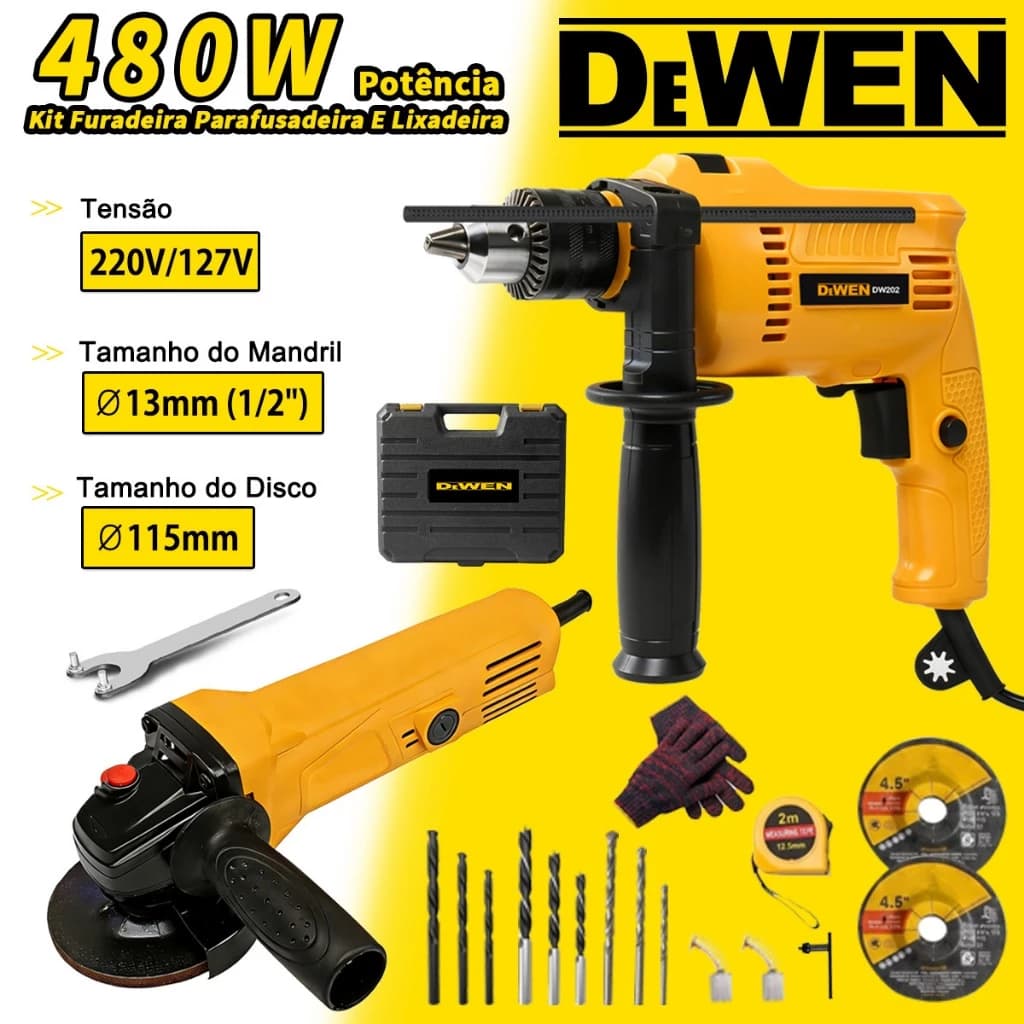 Kit Furadeira Parafusadeira 480w + Esmerilhadeira 530w Com Maleta e Acessórios 20pçs