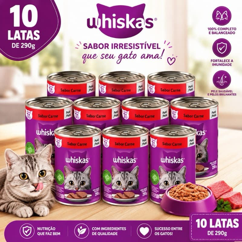 KIT COM 10 LATAS PATÊ WHISKAS GATO 290G