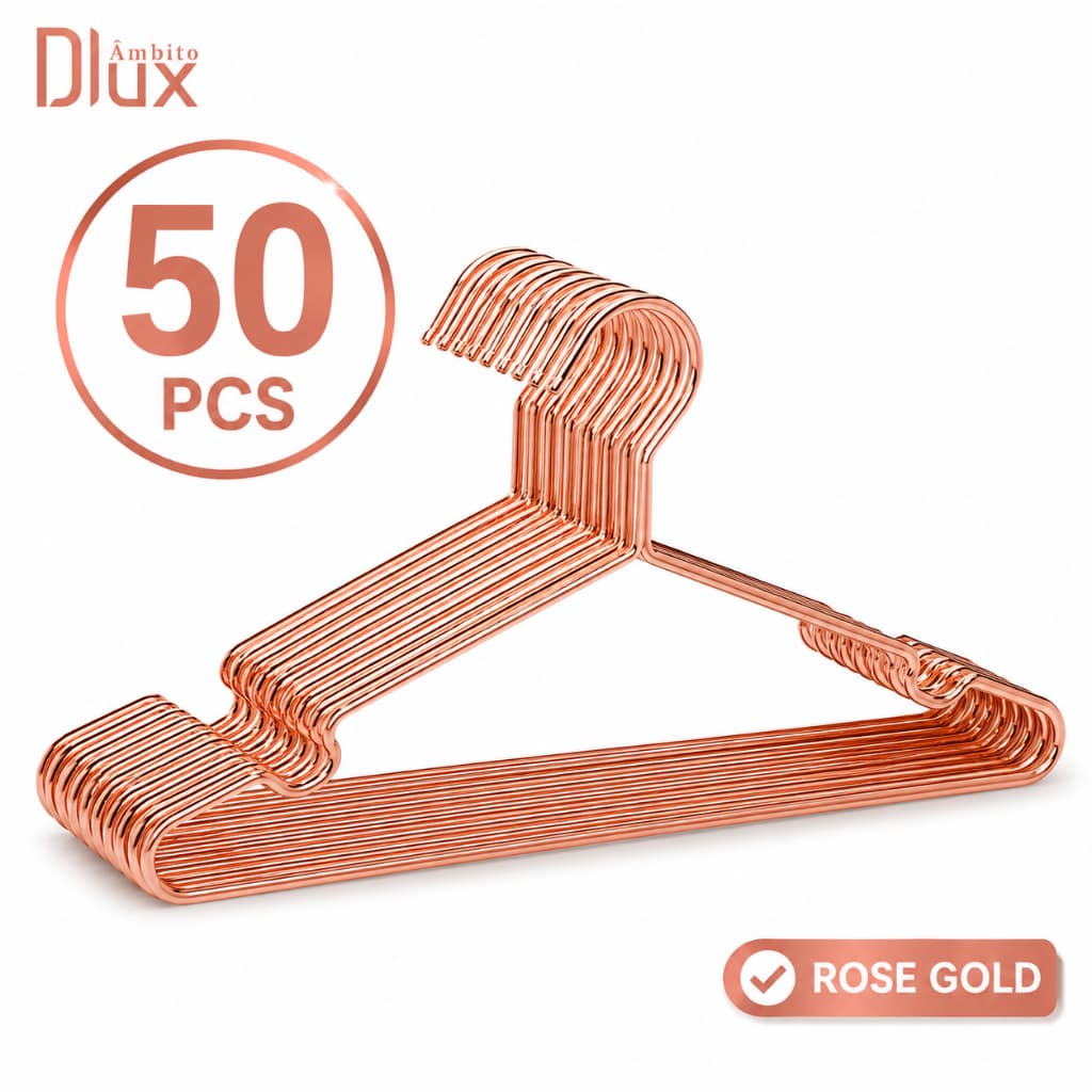 Ambito Dlux Kit 50 Cabides Rose Gold Em Aço Carbono Premium Para Roupas Adulto Organização Closet
