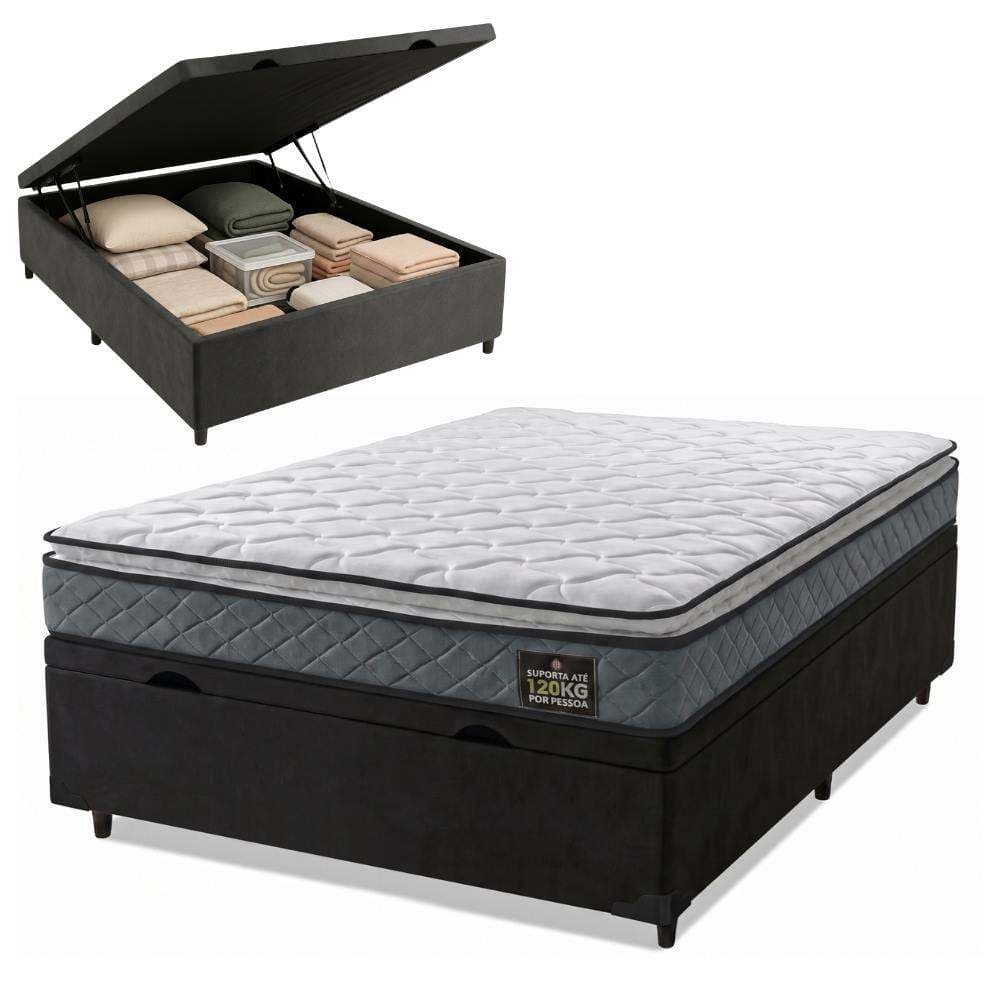 Cama Box Baú Casal Colchão Espuma D33 Pillow Top Millenium 138x188x60cm Cinza/Preto Hellen - Suporta