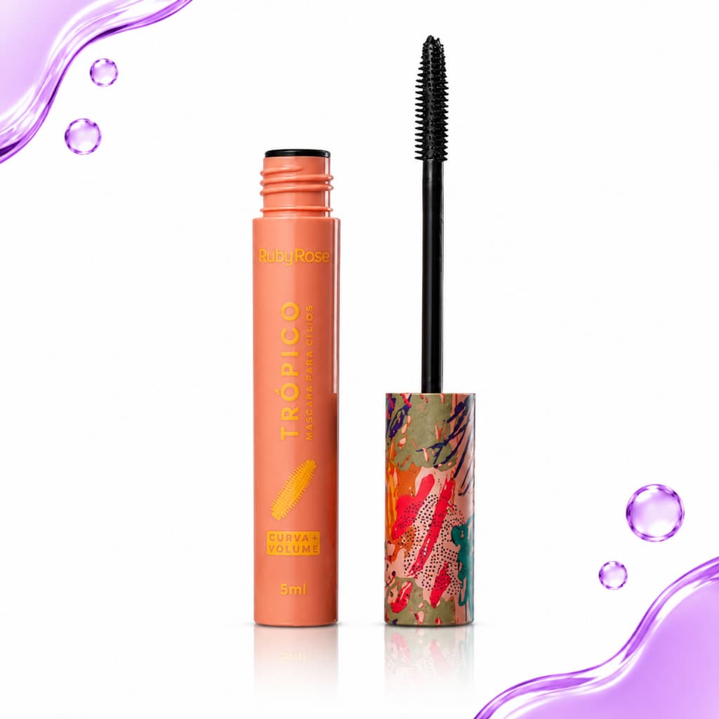 Máscara de Cílios Ruby Rose Trópico Curva e Volume HB503 Preto Rímel Aplicador Silicone Maquiagem