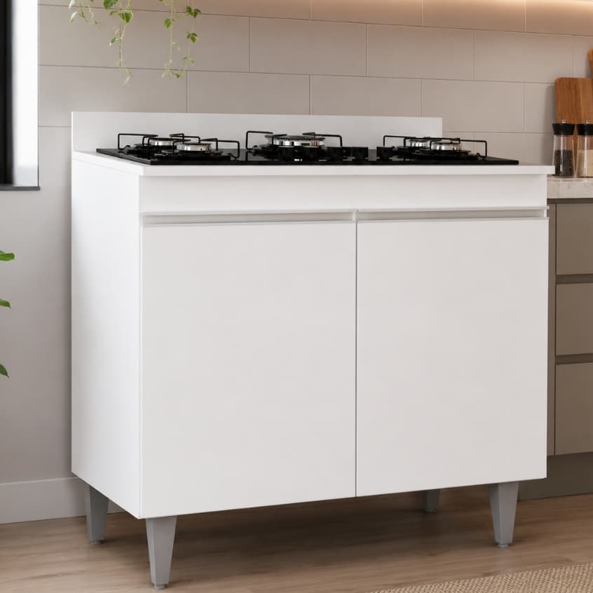 Balcão Cooktop Para Cozinha 2 Portas Com Tampo Prateleira Em MDP