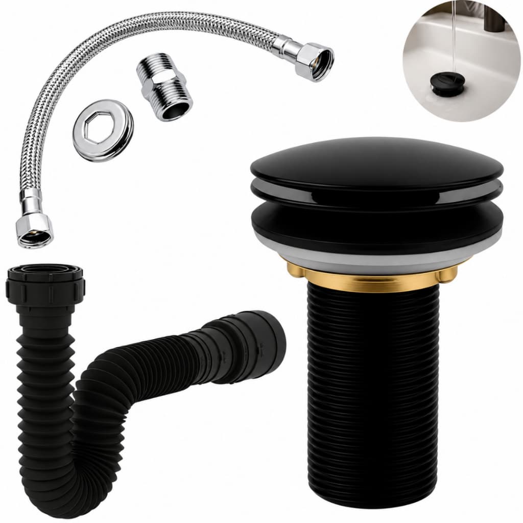 Kit Pia Banheiro Válvula Click Preta 7/8 Sifão Sanfonado 72cm Engate Flexível 40cm