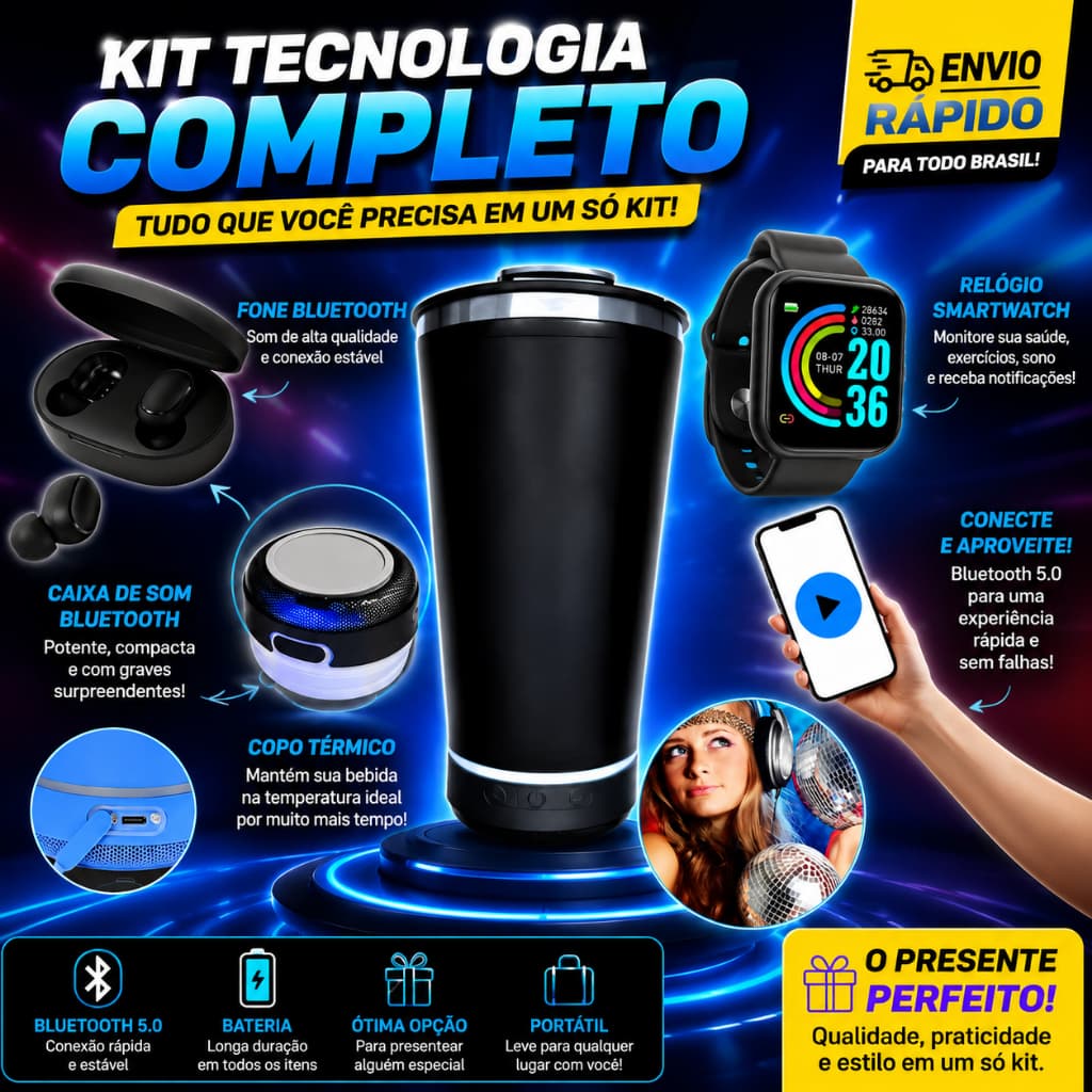 Kit Copo Térmico Caixa de Som Bluetooth + Fone Bluetooth Sem Fio + Smartwatch Relógio Inteligente