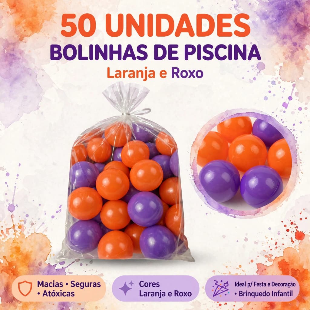 50 Bolinhas de Piscina Laranja e Roxa 71mm Infantil Brinquedo Decoração Atóxicas