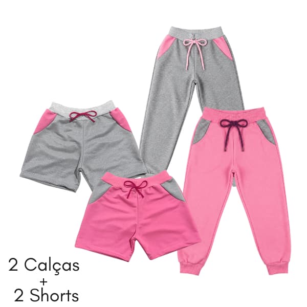 Kit com 2 Calças e 2 Shorts Infantil Moletinho Menina Escola Dia a Dia Confortável Tamanho 2 ao 12
