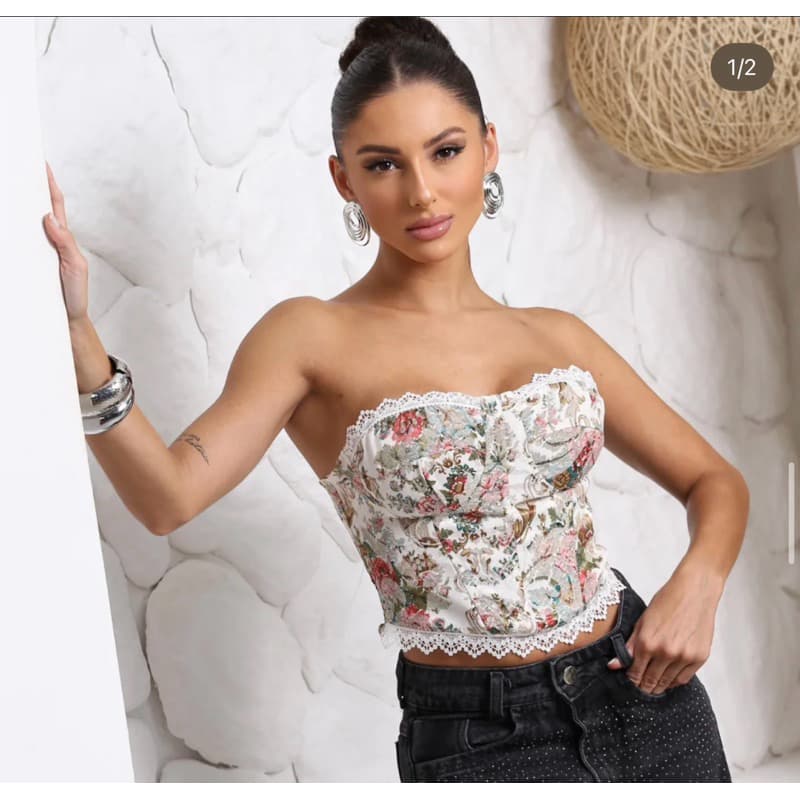 Corselet Feminino Tomara que Caia Floral com Renda Corset Ajustável Costas em Amarração